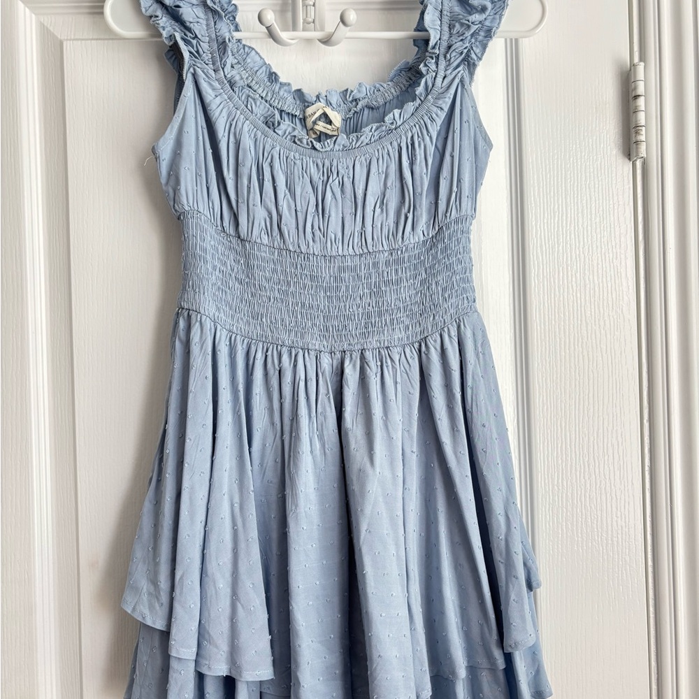 Urban Outfitters light blue romper with ruffle sleeves